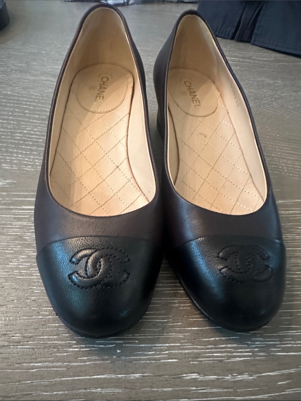 CHANEL Black Leather CC Cap-Toe Ballet Flats